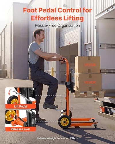 VEVOR Hydraulic Material Lift Winch Stacker, 450 lbs Load Capacity, 39.4'' Max Lifting Height, Pallet Truck Dolly with Fork Lift Table, Foldable & Portable Pallet Jack Table Cart, Orange & Black - Image 4