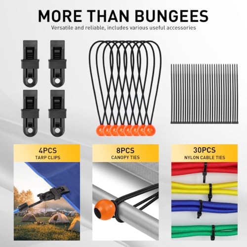 ELEAD 33 Piece Premium Bungee Cords Assortment Jar, Includes 10", 18", 24", 32", 40" Bungee Cord with Hooks, 6" Nylon Cable Ties, 8" Canopy Tarp Ball Ties and Tarp Clips - Image 6