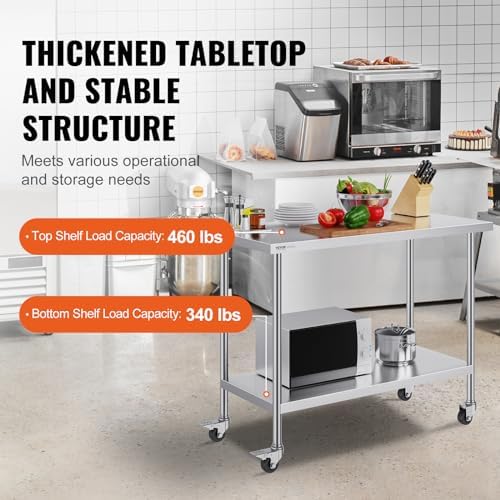 VEVOR Stainless Steel Work Table 24 x 48 x 38 Inch, with 4 Wheels, 3 Adjustable Height Levels, Heavy Duty Food Prep Worktable for Commercial Kitchen Restaurant, Silver - Image 5