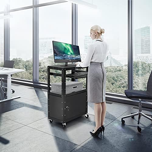YITAHOME Steel AV Cart with Locking Cabinet & Keyboard Tray Black - Image 2