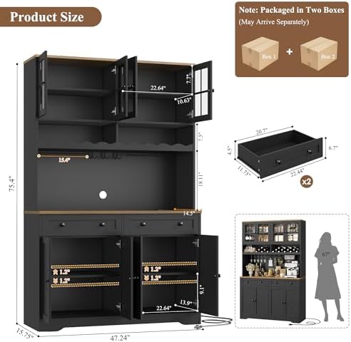 HOSTACK 75" Kitchen Pantry Storage Cabinet, Coffee Bar Hutch Cabinet, Black - Image 3