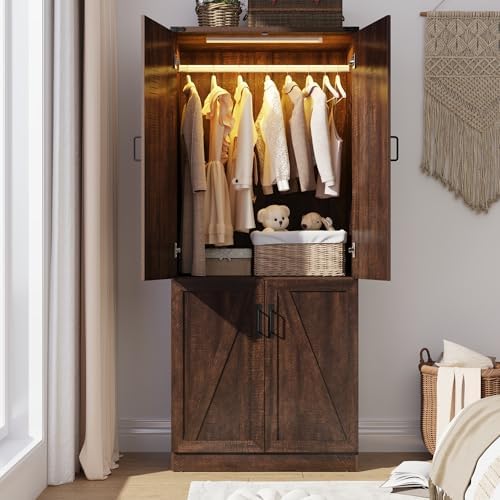 Hlivelood 75" Tall Farmhouse 2 Doors Armoire Wardrobe Closet with LED,Freestanding Closet Wardrobe Cabinet for Bedroom with Hanging Rod,Wooden Armoire Storage Cabinet with Adjustable Shelves(Brown) by Hlivelood