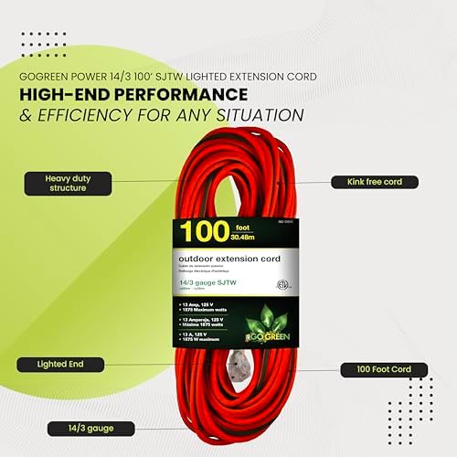 Go Green Power Inc. 14/3 Lighted Outdoor Extension Cord - Durable, Heavy Duty - Perfect for Outdoor Tools & Equipment - GG-13800, 100 ft (Pack of 4) - Image 4