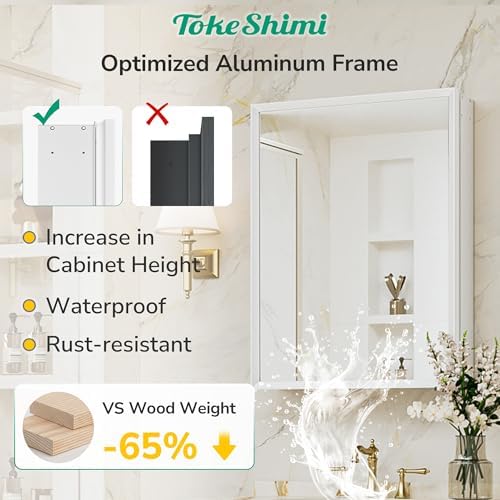 TokeShimi 20 x 26 Medicine Cabinet for Bathroom, Assembly Required, White Recessed Medicine Cabinet with Mirror, Stepless Adjustable Shelves, Beveled Aluminum Frame, DTC Hinge - Image 3