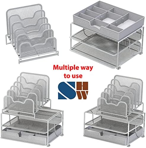 Simple Houseware Mesh Desk Organizer with Sliding Drawer, Silver - Image 3