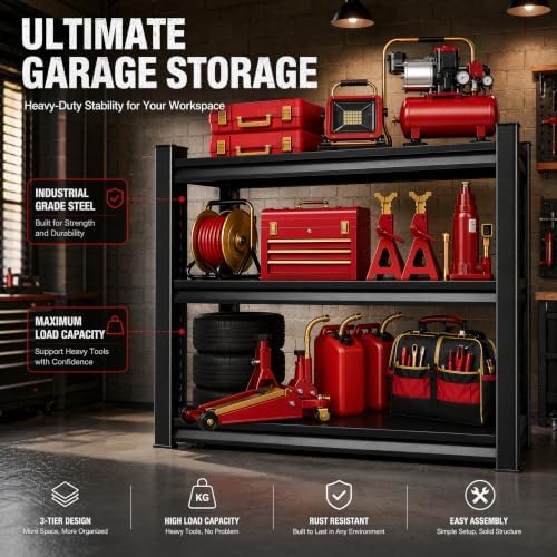 Metal Garage Shelving Unit, Heavy Duty Adjustable Storage Shelves, Steel Shelving, 1500 lbs Capacity Shelves for Heavy Tools and Equipment, 3 Tier, 31.5" W × 13.8" D × 31.5" H - Image 3