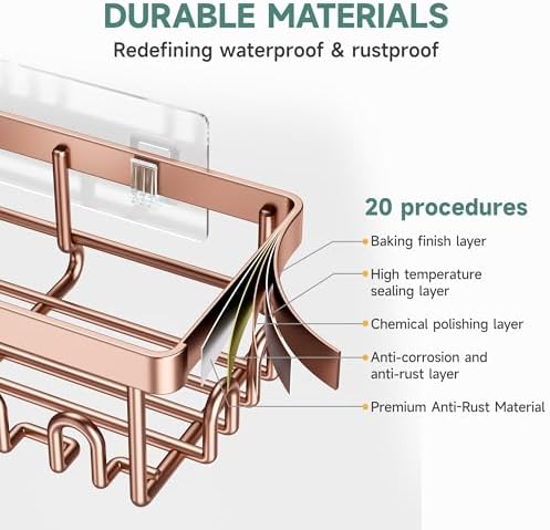 Veken Shower Caddy 6-Pack, No Drilling & Rustproof, Waterproof Adhesive Shelves Rack with Soap Holder, Large Capacity Bathroom Organizers and Storage, Wall-Mounted Kitchen & Home Decor, Rose Gold - Image 4
