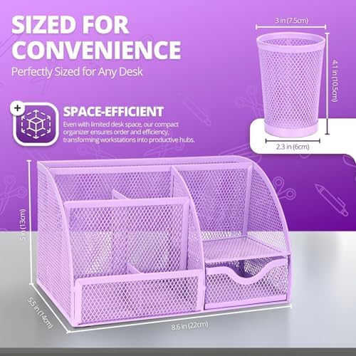 Flexzion Desk Caddy Organizer Set (Purple) - Metal Mesh Desktop Caddy with Drawers, 6 Compartments, and Pencil Holder for Women & Men - Desktop Organizer and Storage for Work or Office Supplies - Image 6