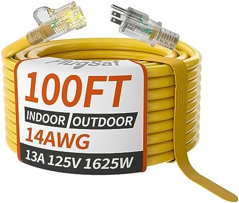 PlugSaf 14/3 AWG 100 FT Extension Cord, Heavy Duty Extension Cord, Yellow by PlugSaf
