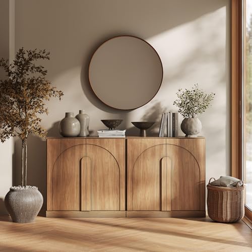 BELLEZE 2 Tier Bookshelf with Arched Wood Door, Set of 2 Modern Display Bookcase Shelf with Storage and Adjustable Shelves, 63" Wood Bookshelves for Living Room Office Entryway (Camel) - Image 6