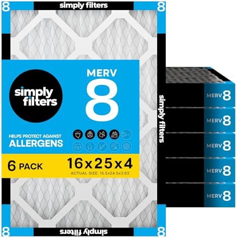 Simply 16x25x4 Air Filter MERV 8, 6 Pack, For Home AC Furnace & HVAC (Actual Size: 15.5"x24.5"x3.63") DUST Pet & Allergy Control by SimplyFilters