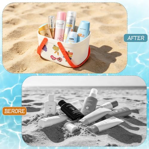 2 Pack Sunscreen Pool Storage Buckets - 9.4" x 6.7" x 5.9" Plastic Summer Beach Basket Poolside Box Container with Handle and DIY Stickers for Sunblock Sunglasses Towels Accessories - Image 5