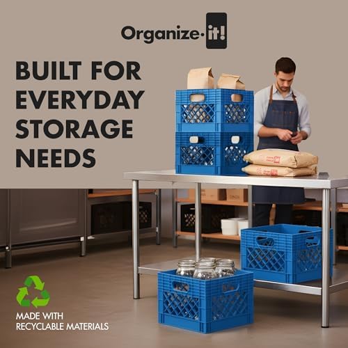 ORGANIZE-IT! 4 Pack Storage Milk Crate, Heavy Duty Versatile Box Organizers with Easy-Grip Handles, Interior 12.25"L x 12.25"W x 10.5"H, Blue - Image 3
