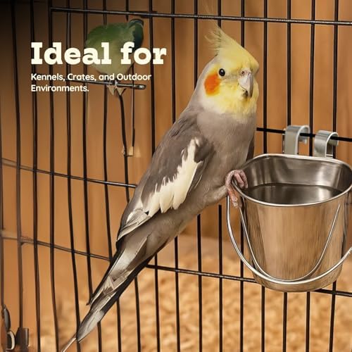 1 quart Stainless Steel Flat Sided Bucket with Dual Hooks | 0.25 gal Durable Food & Water Bowl for Dog Cat Bird & Small Animals | Fits kennel Cage Critter Crate | Hanging Utility Pet Pail - Image 6