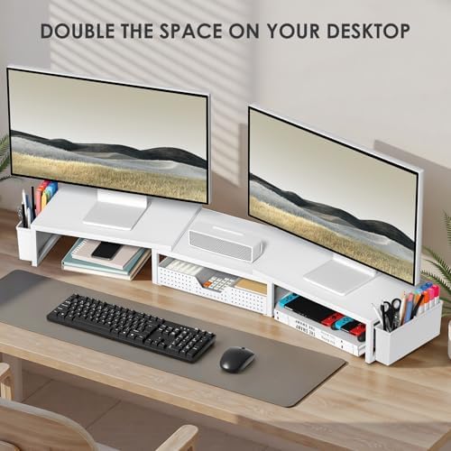 OPNICE Desk Organizers and Accessories, Dual Monitor Stand Riser with Drawer and 2 Pen Holders, Desk Shelf Computer Racks for Office Workspace Organizers, Desktop Organization (White) - Image 4