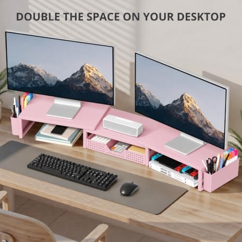 OPNICE Desk Organizers and Accessories, Dual Monitor Stand Riser with Drawer and 2 Pen Holders, Desk Shelf Computer Racks for Office Workspace Organizers, Desktop Organization (Peach-Pink) - Image 5