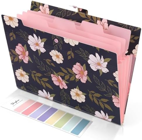 SKYDUE Accordion File Organizer, Floral Expanding File Folders with 5 Pockets, Cute Document Organizer for Paper Bills Receipt Storage, School Office & Hospital Supplies Letter/A4 Size Navy Blue by SKYDUE