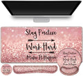 ToLuLu Desk Mat, XXL Large Mouse Pad Wrist Support Set，4 in1 Gaming Mousepad Desk Pad+ Ergonomic Mouse Pad with Wrist Rest + Keyboard Wrist Rest+Coaster for Women Home Office Table, Pink Stay Positive by ToLuLu