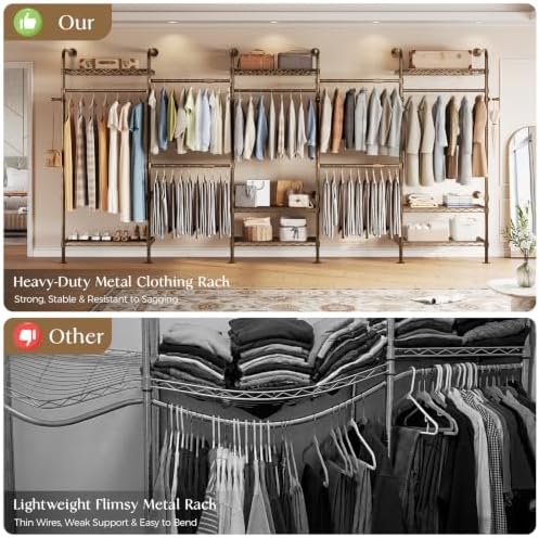 Closet Organizers Wall Mounted Closet System, 5-Row Heavy Duty Garment Clothes Rack, Industrial Pipe Clothing Rack with 4 Telescopic Rods, 3 Fixed Rods, 6 Hooks & 8 Shelves for Bedroom, Black and Gold - Image 4