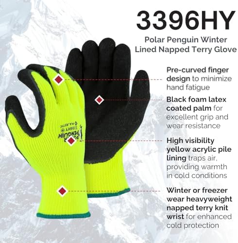 Majestic Polar Penguin Winter Lined Napped Terry Glove with Foam Latex Dipped Palm | 1 Dozen - MED | ANSI A2, Heavyweight Glove, Hiviz Yellow/Black | Automotive, Industrial, Manufacturing | 3396HY - Image 2
