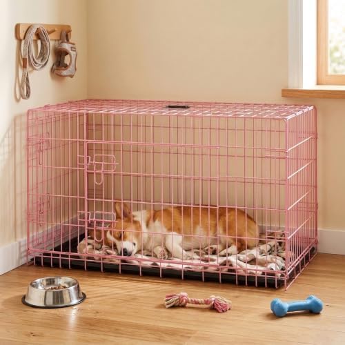 FDW | 42" Foldable Metal Dog Crate | Pastel Pink | Cage for Medium Dogs - Image 6