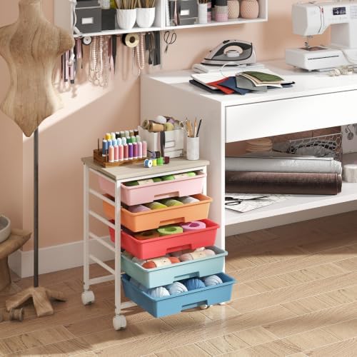 Giantex 5 Drawers Rolling Cart with Wheels, Wood Top, Sturdy Frame - Image 6