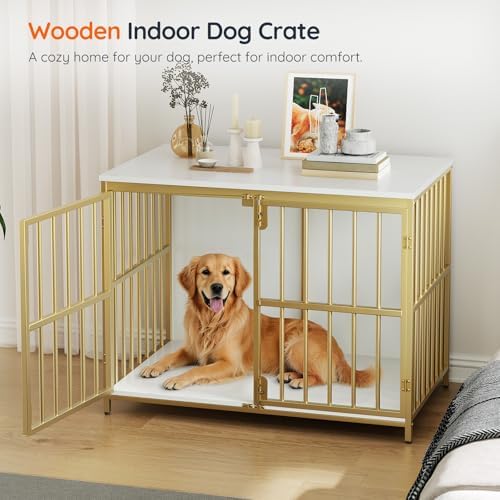 HOOBRO 38.6" Dog Crate Furniture, Wooden Dog Kennel Indoor, Heavy Duty Dog Cage for Small/Medium Dog, Decorative Side End Table, White and Gold DW100GW03 - Image 4