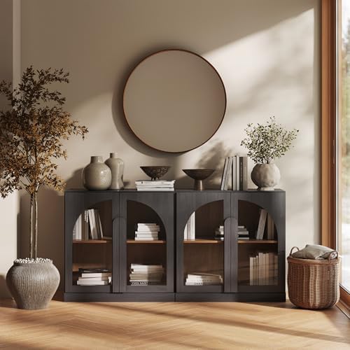 BELLEZE 2 Tier Bookshelf with Arched Glass Door, Set of 2 Modern Display Bookcase Shelf with Storage and Adjustable Shelves, 63" Wood Bookshelves for Living Room Office Entryway (Ebony) - Image 6