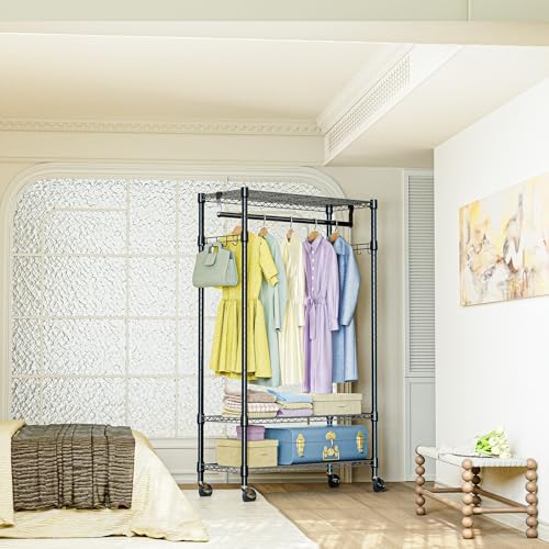 IZEUK Heavy Duty Rolling Garment Rack Wire Clothes Rack for Hanging Clothes (Black, 3 Tier with 2 Rod, 29.5" W x 15.7" D x 75" H) - Image 6