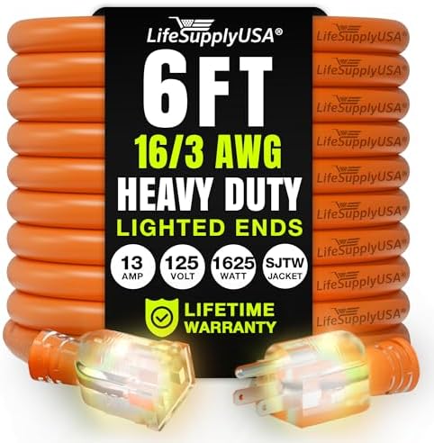 6ft Outdoor/Indoor Extension Cord 16/3 Gauge Heavy Duty 3 Prong SJTW, Waterproof by LifeSupplyUSA