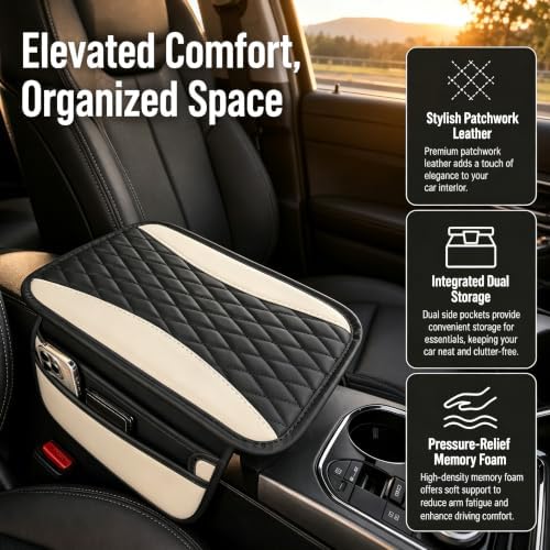 Center Console Cover, PU Leather Car Armrest Cushion with Side Storage Pockets, Universal Armrest Protector Organizer for SUV Truck Sedan (Beige) - Image 3