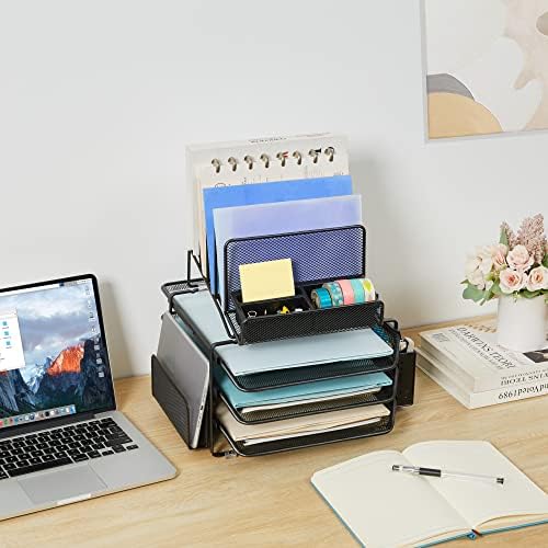 DESIGNA Stackable Mesh Desk Organizer with 3 Sliding Letter Tray Drawers, 4 File Holders Sorter Section, 2 Side Compartments, Pencil Holder Non-slip All In One Desktop Organizers Office Storage, Black - Image 2