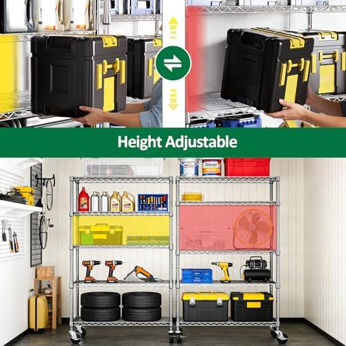 IZEUK 5-Tier Storage Shelving Unit with Wheels, Adjustable Heavy Duty Steel Wire Rack Organizer (Chrome, 17.7" D x 47.2" W x 76.7" H, 1750 lbs Capacity) for Garage, Kitchen, Pantry, Laundry, Basement - Image 5