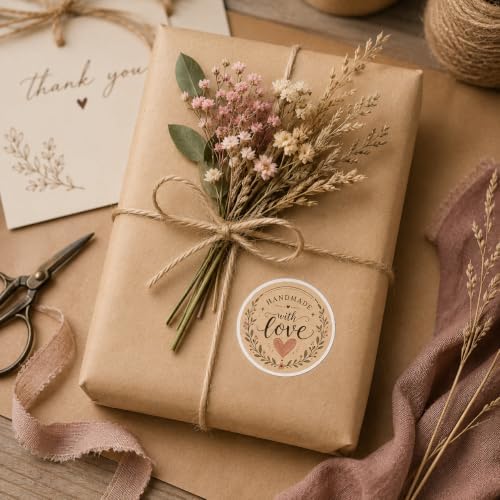 60pcs Handmade with Love Stickers, Kraft Floral Wreath Packaging Labels, Small Business Branding Seal Stickers for Handmade Products, Round 2 Inch Thank You Tags - Image 7