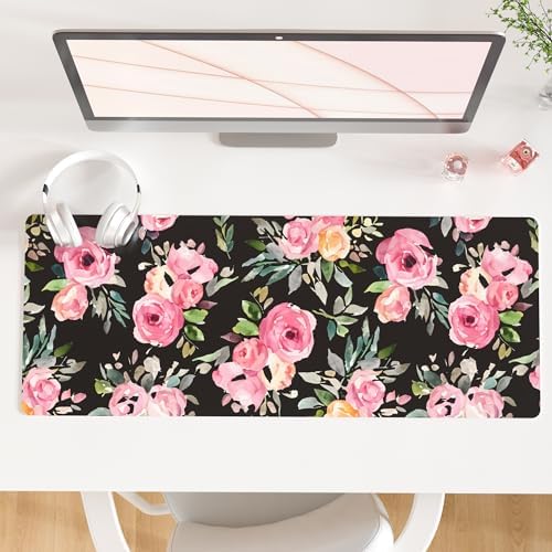 QiyI PU Leather Large Mouse Pad, Office Décor, 31.5" x 11.8", Pink Flowers by QIYI