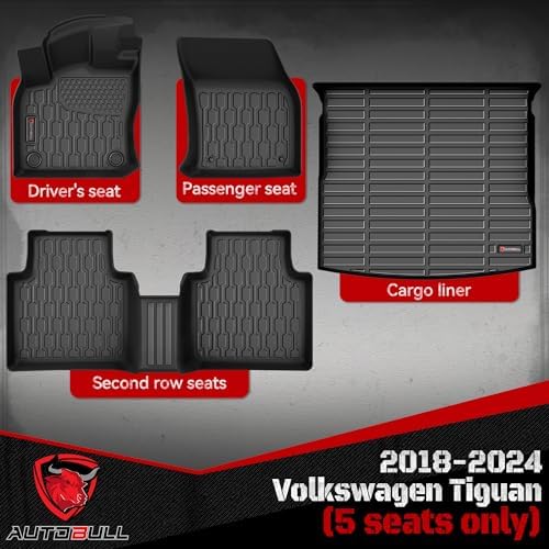 Floor Mats & Cargo Liner Compatible with 2018-2024 Volkswagen Tiguan 5 Seats ONLY VW Cargo Mat, Full Set All Weather Protection, 1st, 2nd Row Car Liners & Trunk Mat, Black - Image 2