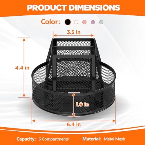 Docnest 360°Rotating Mesh Desk Organizer,6-Compartment Pen Holder,Black - Image 2
