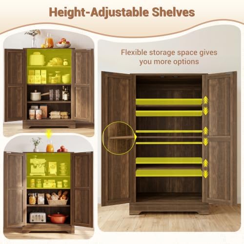 Unikito Kitchen Pantry Cabinet with Adjustable Shelves, Weathered Brown - Image 4