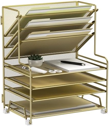 MINDEPOT 4-Tier Paper Organizer + 3-Pocket File Holder + Drawer + Pen Holders, Desktop File Organizers Paper Tray for Office Supplies School Classroom Organization (Gold, no Drawer & Pen Holder) by MINDEPOT