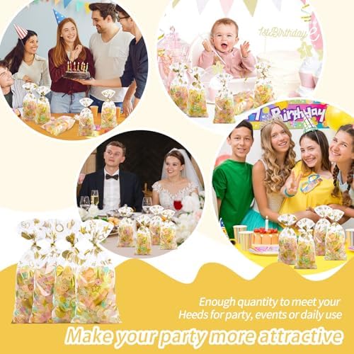 COQOFA 100 Pcs Gold 5"X11" Gift Wrap Cellophane Treat Bags Clear Party Favor Candy Cookie Bags Plastic Goodie Storage Bag with Twist Ties for Birthday, Wedding,Party Decorations(4 Patterns) - Image 4