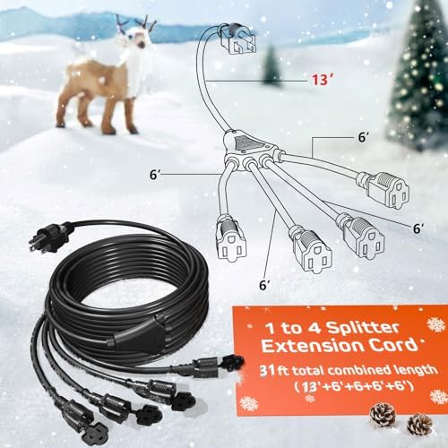 Eversimpleinc Black 1 to 4 Splitter Outdoor Extension Cord 13 FT 4 Outlets - Image 3