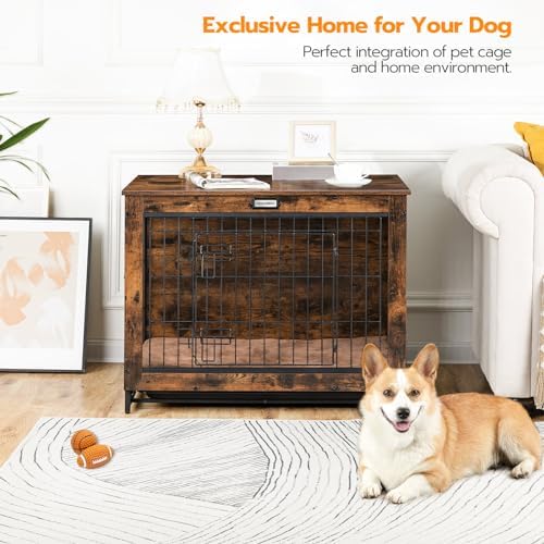 HOOBRO Dog Crate Furniture, 32.5" Medium Dog Kennel Indoor, Wooden Cage with Pull-Out Tray, Double Doors Pet House Side End Table for Medium/Small Dogs, Rustic Brown BF802GW03G1 - Image 7