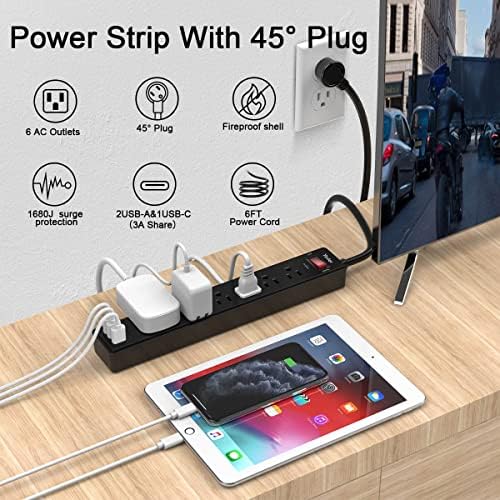 Yintar 6Ft Surge Protector Power Strip with 6 Outlets & 3 USB Ports, Black - Image 2