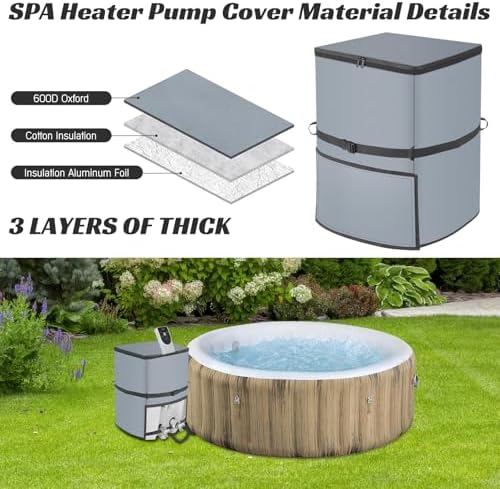 Hot Tub Pump Cover, Waterproof Insulated Heater Protection for Inflatable Spa Equipment, 600D Oxford Fabric Weather Shield Compatible with SaluSpa Coleman Bestway Outdoor Accessories,Grey,Square - Image 6