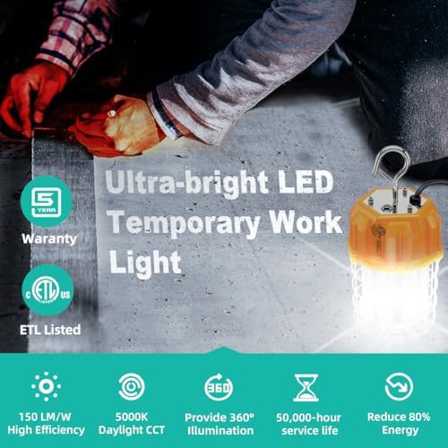 150W LED Temporary Work Light 22500LM 360° Lighting ETL Listed 10' Cable with 120V Plug Portable Hanging Construction Work Lights with ON/Off Switch for Job Site Warehouse Garage Shop Area Lighting - Image 2