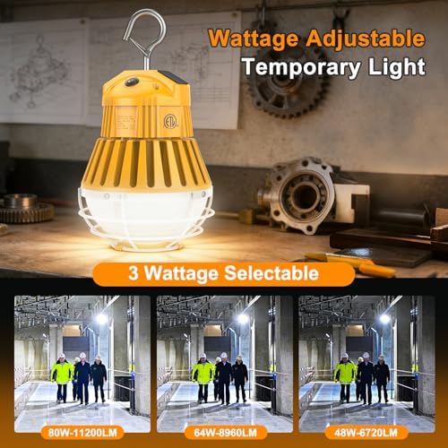 80W LED Temporary Work Light 12000LM, 5000K Linkable Construction Work Light with Switch & Hook, IP65 Waterproof LED Job Site Lighting with Stainless Steel Protective Cover - Image 3