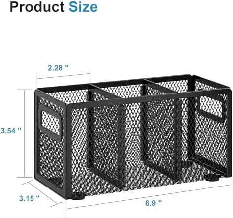 Marbrasse Mesh Pen Holder for Desk, Pencil Holder Desk Organizer 3 Adjustable Compartments, Pencil Cup with Handle Perfect for Classroom, Office, Home, Makeup, Art (Black-2P) - Image 2