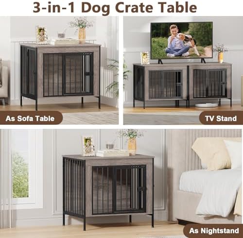 EasyCom 28.15" Dog Crate Furniture for 1 or 2 Dogs, Oak Grey - Image 4
