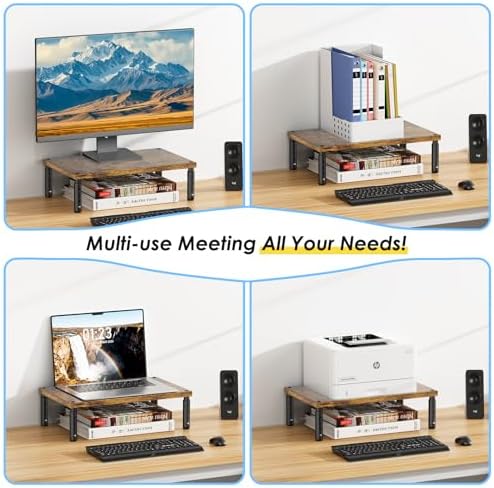 ECOLOVI Adjustable Wood Computer Monitor Stand Riser, Office Desk Organizer and Accessories for Monitor, Laptop, PC, Printer, Office Desk Accessories Workspace Organizer for Home Office Supplies, Brown - Image 4