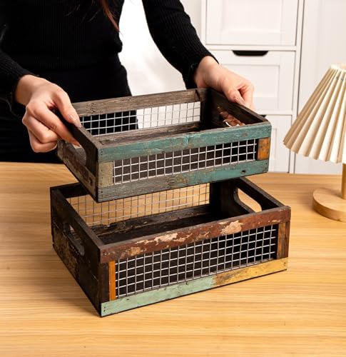 TIMRIS Set of 2 Rustic Wooden Countertop Baskets, Farmhouse Distressed Nesting Boxes, Small Decorative Wooden Storage Crates, Reclaimed Wood Organizer Baskets with Wire Mesh (Random) - Image 4